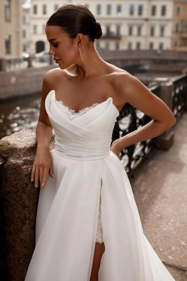White A Line Strapless Sweetheart Wedding Dress With Ruched Corset Bodice Organza