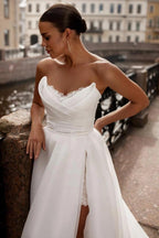 White A Line Strapless Sweetheart Wedding Dress With Ruched Corset Bodice Organza