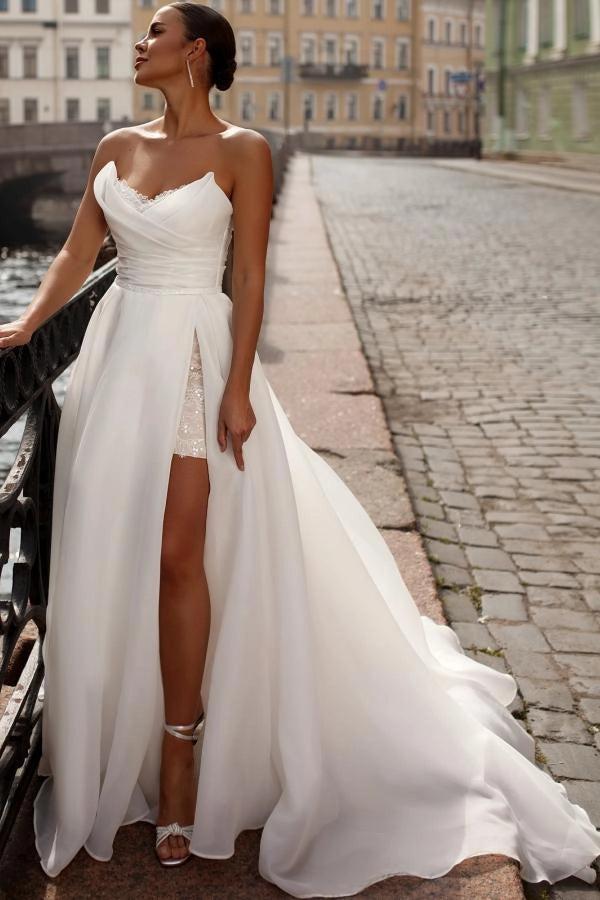 White A Line Strapless Sweetheart Wedding Dress With Ruched Corset Bodice Organza