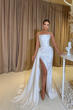 Vestidos longos de baile com fenda frontal em cetim, sem alças, de sereia sensual, com contas