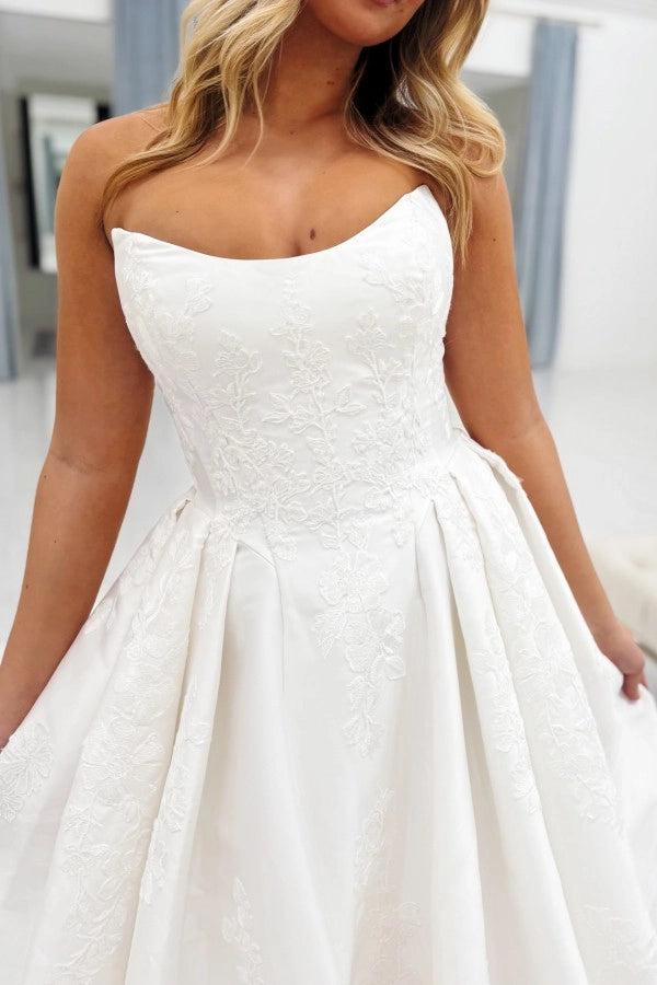 White Jacquard Satin Ball Gown Wedding Strapless Corset Bodice Pearl Button Back