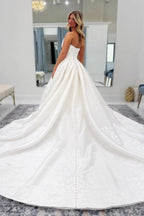 White Jacquard Satin Ball Gown Wedding Strapless Corset Bodice Pearl Button Back