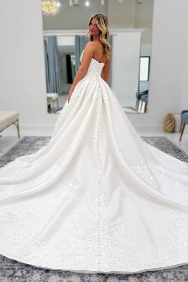 White Jacquard Satin Ball Gown Wedding Strapless Corset Bodice Pearl Button Back