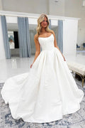White Jacquard Satin Ball Gown Wedding Strapless Corset Bodice Pearl Button Back