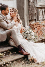 White Lace Mermaid Wedding Dress V Neck Spaghetti Straps Allover 3D Floral Lace