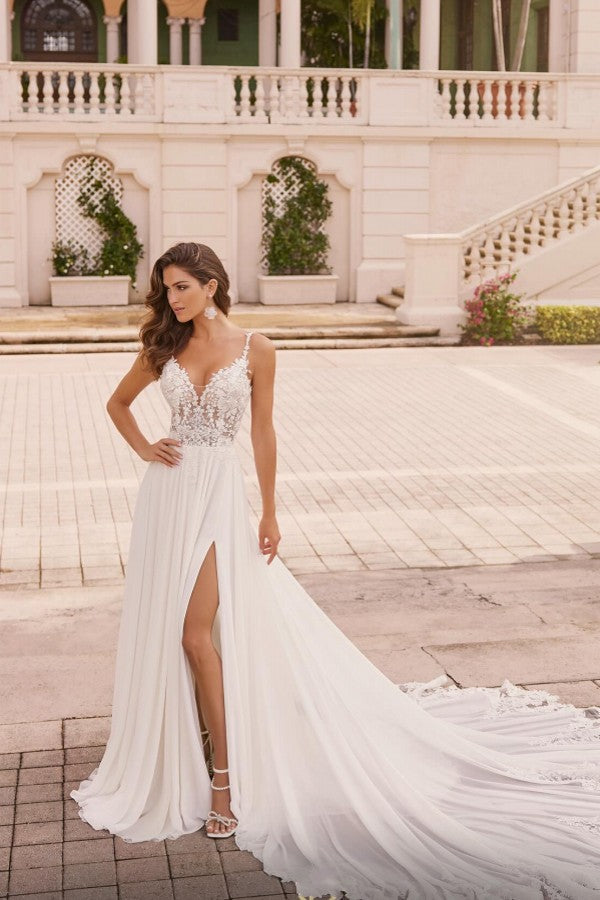 White Long A-line V-neck Chiffon Lace Backless Wedding Dresses with Slit