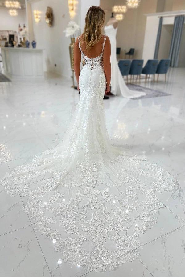 White Mermaid Wedding Dress With Deep V Neck Illusion Corset Cathedral Train
