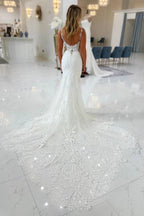 White Mermaid Wedding Dress With Deep V Neck Illusion Corset Cathedral Train