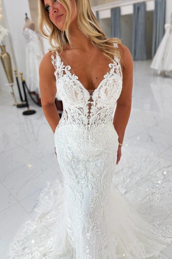 White Mermaid Wedding Dress With Deep V Neck Illusion Corset Cathedral Train