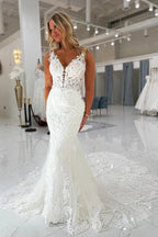 White Mermaid Wedding Dress With Deep V Neck Illusion Corset Cathedral Train