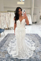 White Mermaid Wedding Dress Off Shoulder Sweetheart Illusion Corset With 3D Lace