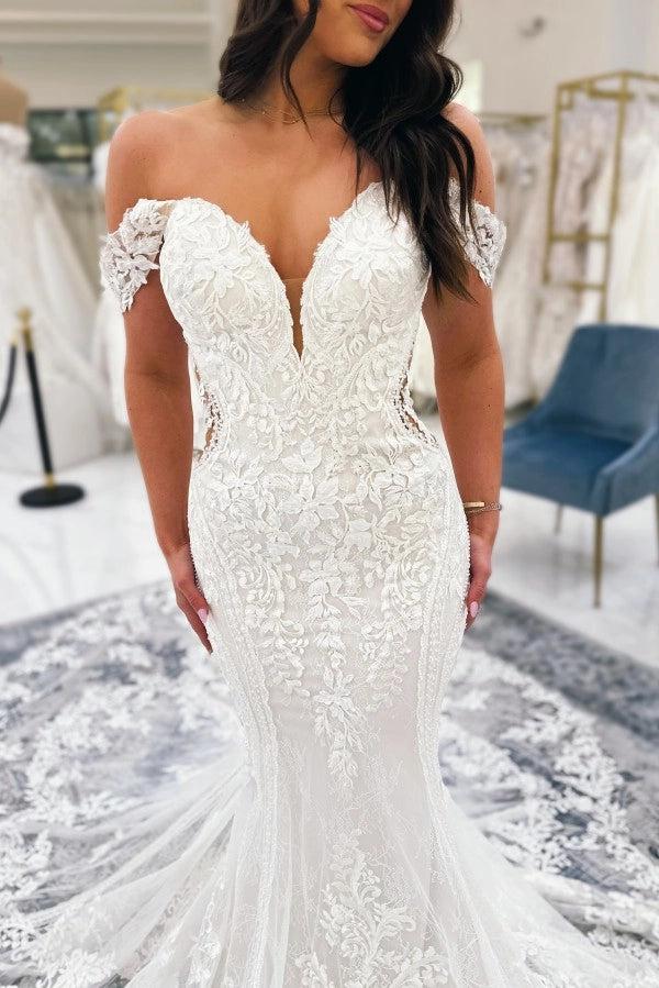 White Mermaid Wedding Dress Off Shoulder Sweetheart Illusion Corset With 3D Lace