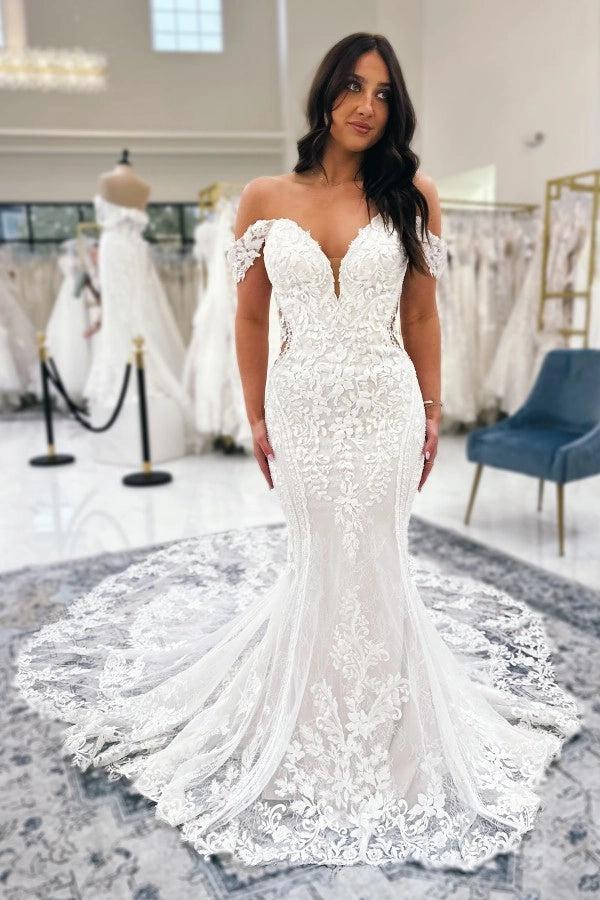 White Mermaid Wedding Dress Off Shoulder Sweetheart Illusion Corset With 3D Lace