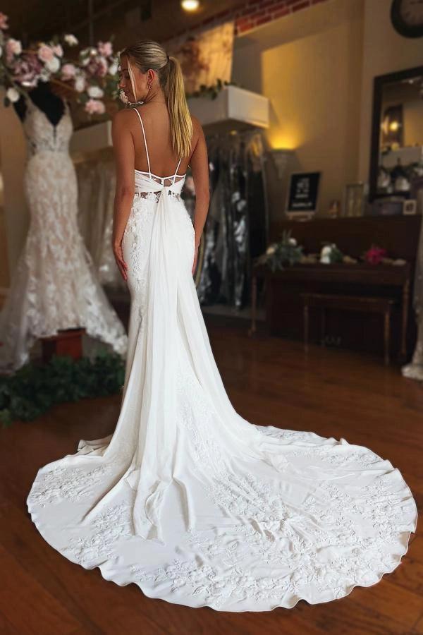 White Mermaid Wedding Dress Spaghetti Straps V Neck Open Back Lace