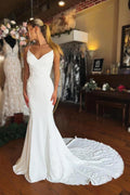 White Mermaid Wedding Dress Spaghetti Straps V Neck Open Back Lace