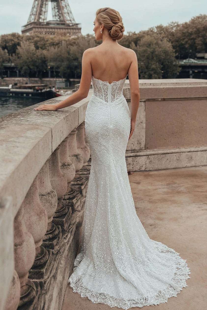 White Mermaid Wedding Dress Strapless 3D Lace Edge Illusion Boned Corset