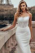 White Mermaid Wedding Dress Strapless 3D Lace Edge Illusion Boned Corset