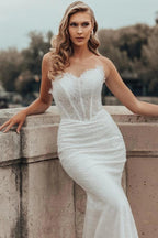White Mermaid Wedding Dress Strapless 3D Lace Edge Illusion Boned Corset