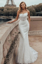 White Mermaid Wedding Dress Strapless 3D Lace Edge Illusion Boned Corset
