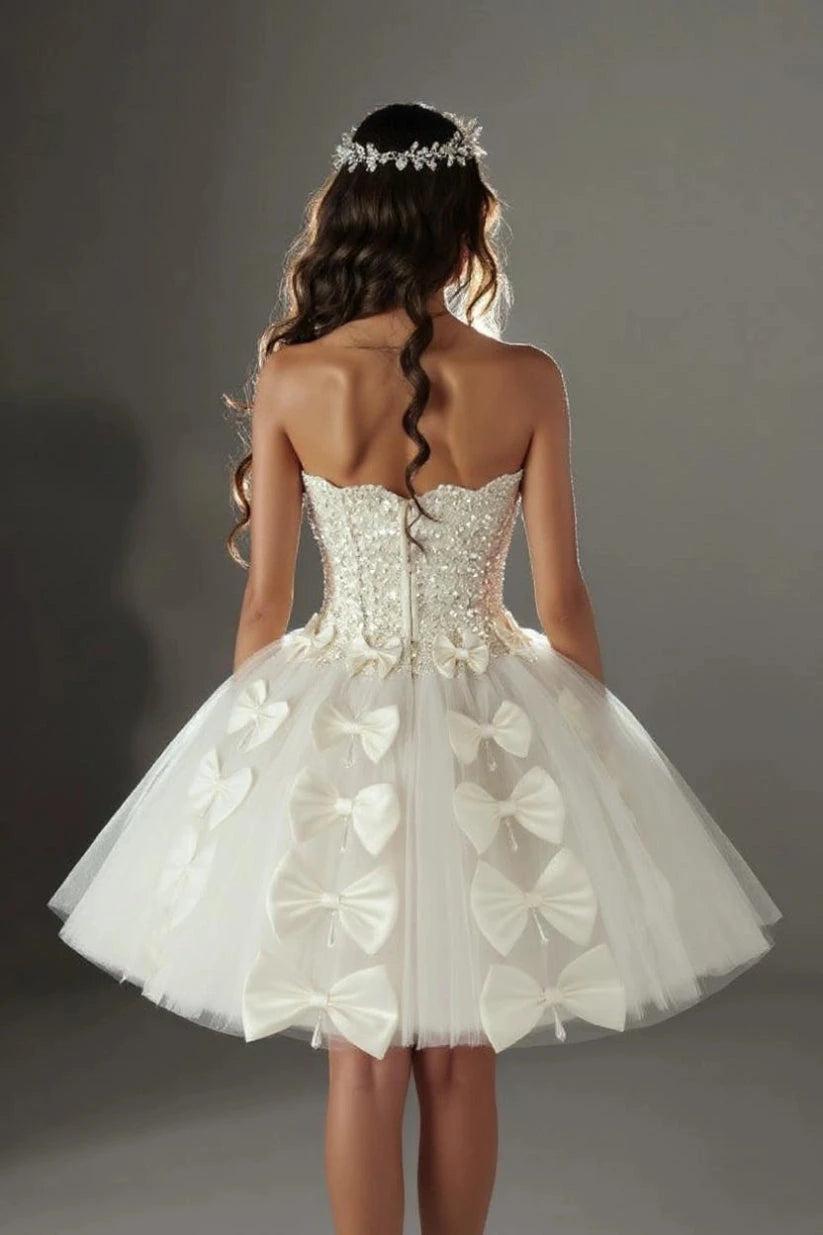 White Pearl Beaded Corset Short Strapless Tulle Ball Gown With Bow Embellishments
