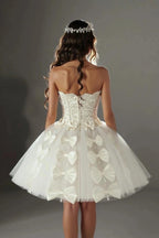 White Pearl Beaded Corset Short Strapless Tulle Ball Gown With Bow Embellishments