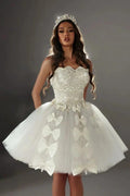 White Pearl Beaded Corset Short Strapless Tulle Ball Gown With Bow Embellishments