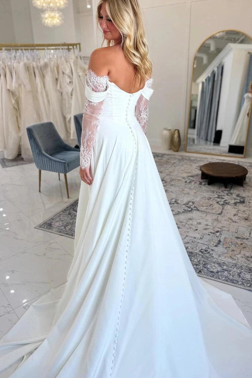 White Satin Off Shoulder Wedding Dress A Line With Illusion Lace High Slit