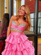 White Two Piece Prom Dress With Tiered Ruffles And Crystal Bodice