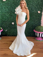 White One Shoulder Mermaid Prom Dress With Sculptural Ruffle Strap