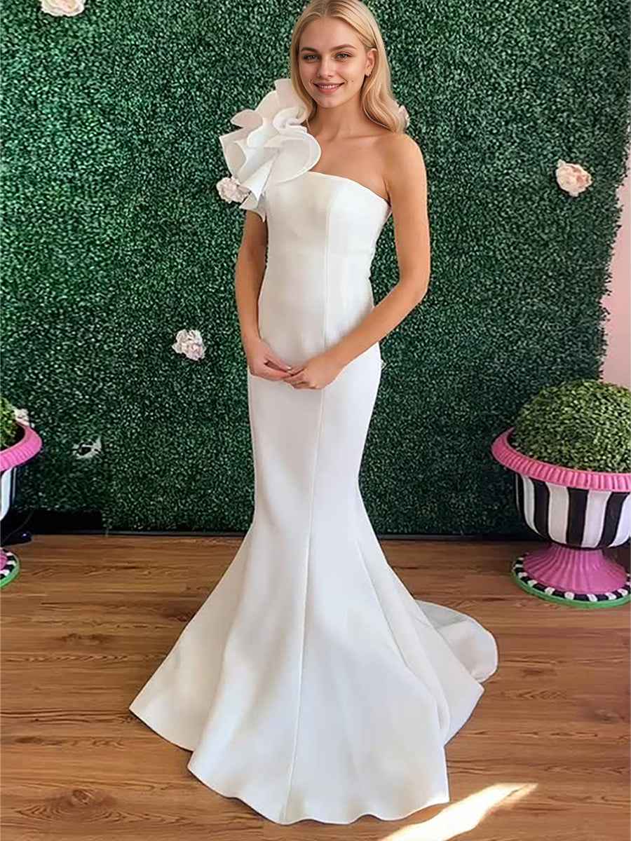 White One Shoulder Mermaid Prom Dress With Sculptural Ruffle Strap