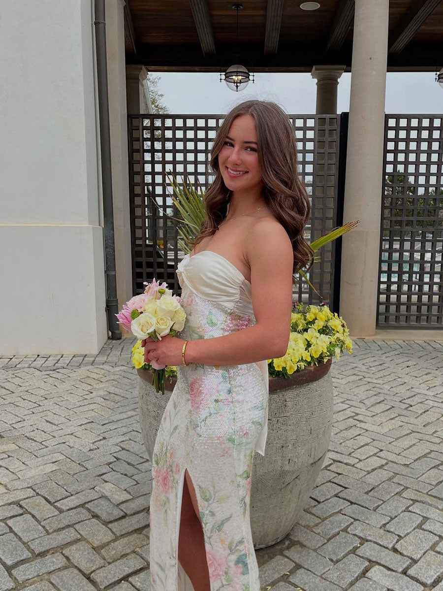 White Pink Floral Strapless Sequin Prom Dress With Slit