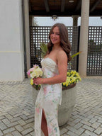 White Pink Floral Strapless Sequin Prom Dress With Slit