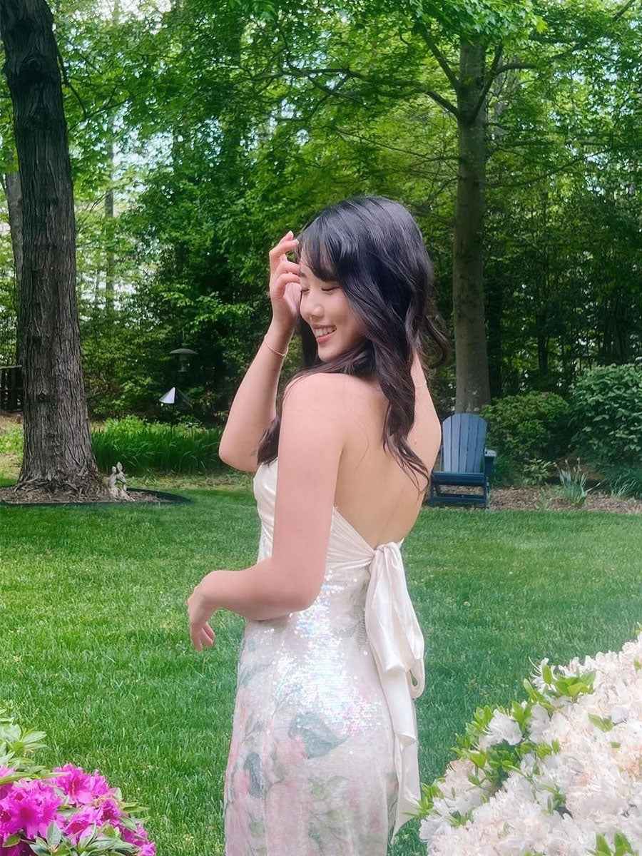 White Pink Floral Strapless Sequin Prom Dress With Slit