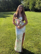 White Pink Floral Strapless Sequin Prom Dress With Slit