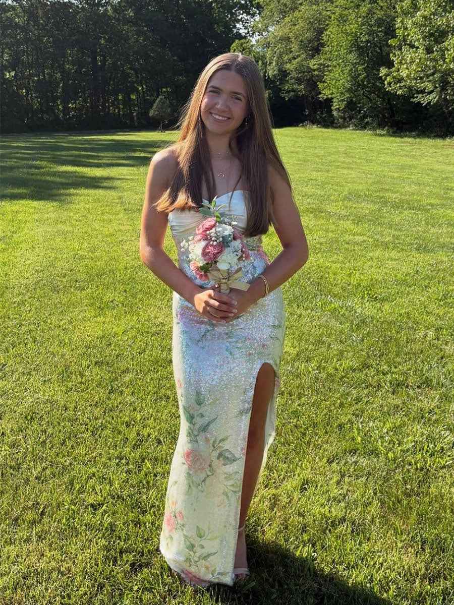 White Pink Floral Strapless Sequin Prom Dress With Slit
