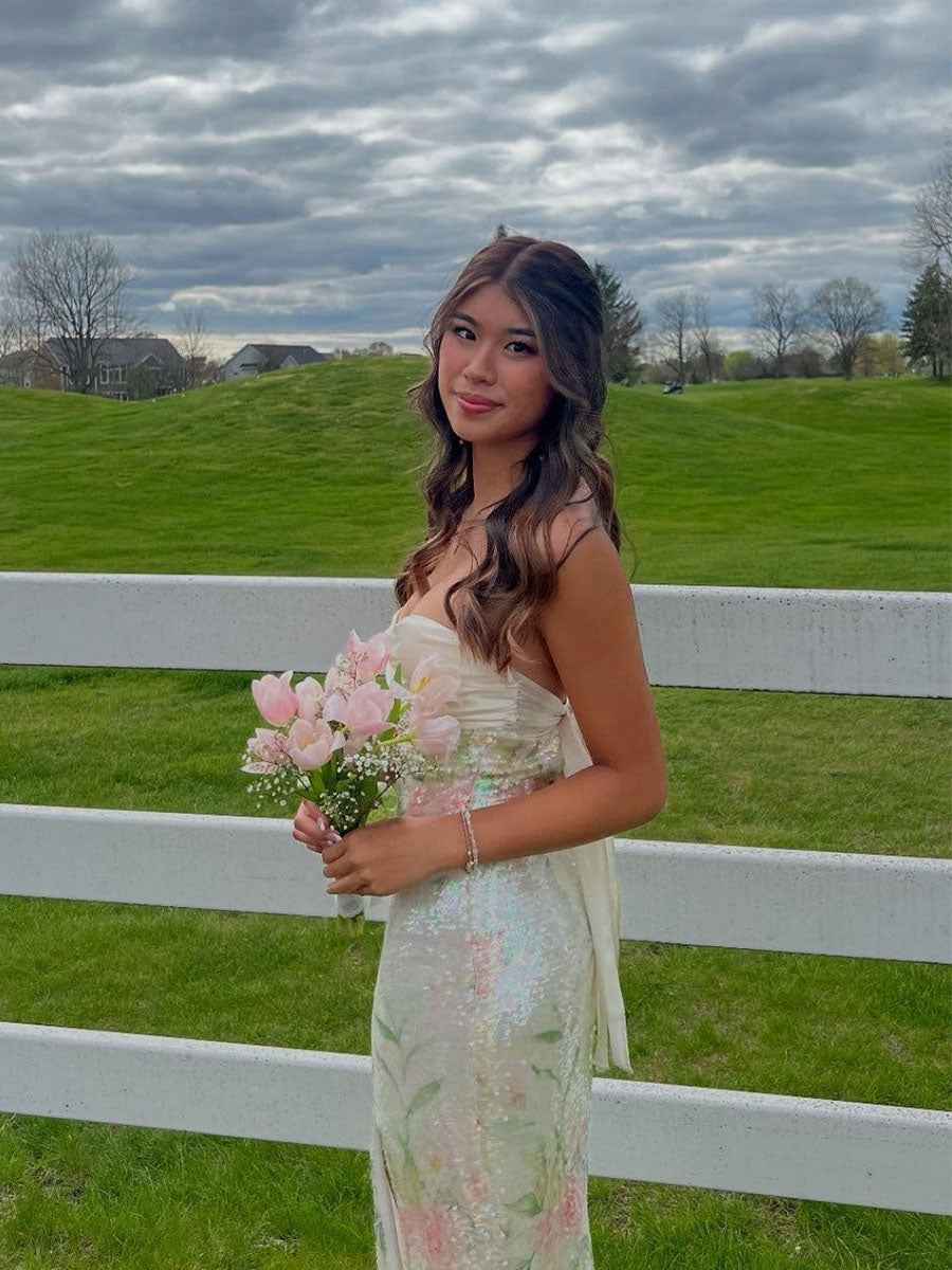White Pink Floral Strapless Sequin Prom Dress With Slit