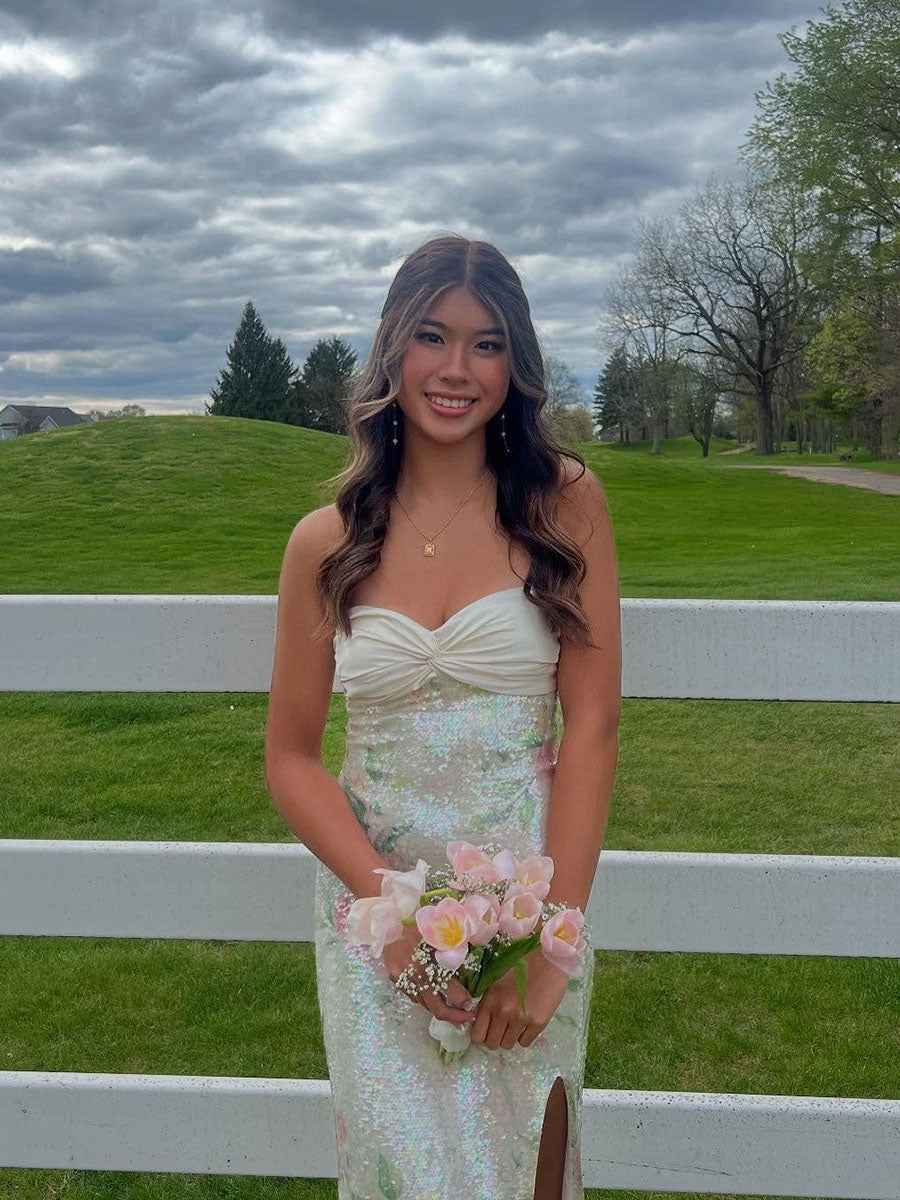White Pink Floral Strapless Sequin Prom Dress With Slit