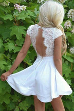 White Satin Lace A-line Cap Sleeves Homecoming Dresses, Graduation Dresses