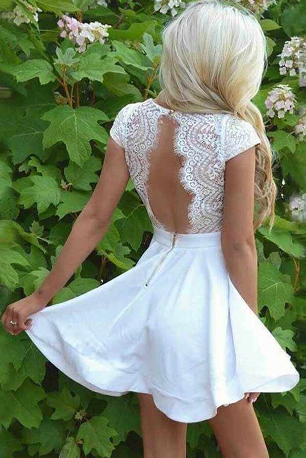 White Satin Lace A-line Cap Sleeves Homecoming Dresses, Graduation Dresses