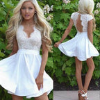 White Satin Lace A-line Cap Sleeves Homecoming Dresses, Graduation Dresses