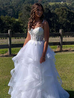 White Sheer Corset Floral Lace Tulle Tiered Prom Ball Gown