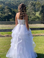 White Sheer Corset Floral Lace Tulle Tiered Prom Ball Gown