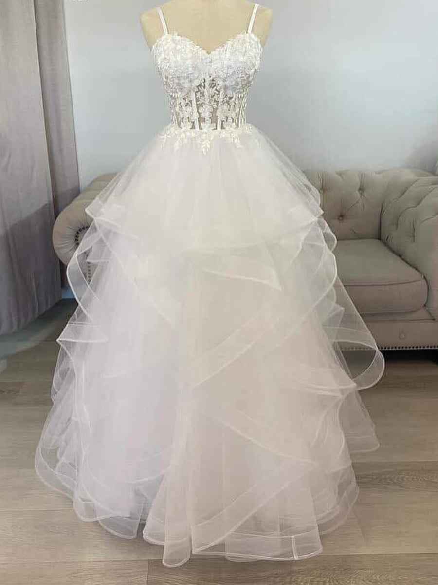 White Sheer Corset Floral Lace Tulle Tiered Prom Ball Gown