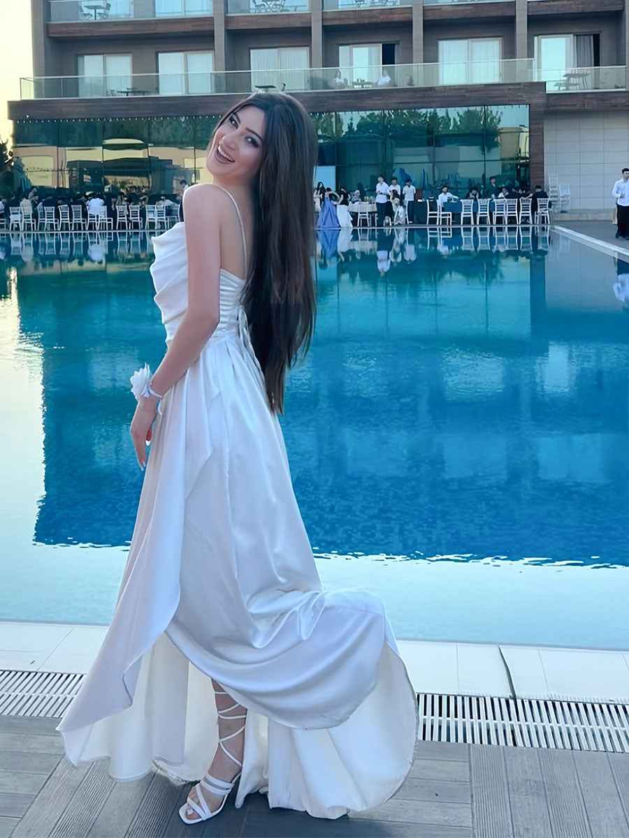 Ethereal White Satin Spaghetti Strap Cowl Neck Prom Dress