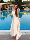 Ethereal White Satin Spaghetti Strap Cowl Neck Prom Dress