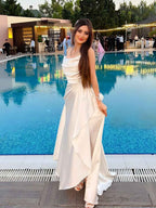 Ethereal White Satin Spaghetti Strap Cowl Neck Prom Dress