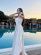 Ethereal White Satin Spaghetti Strap Cowl Neck Prom Dress