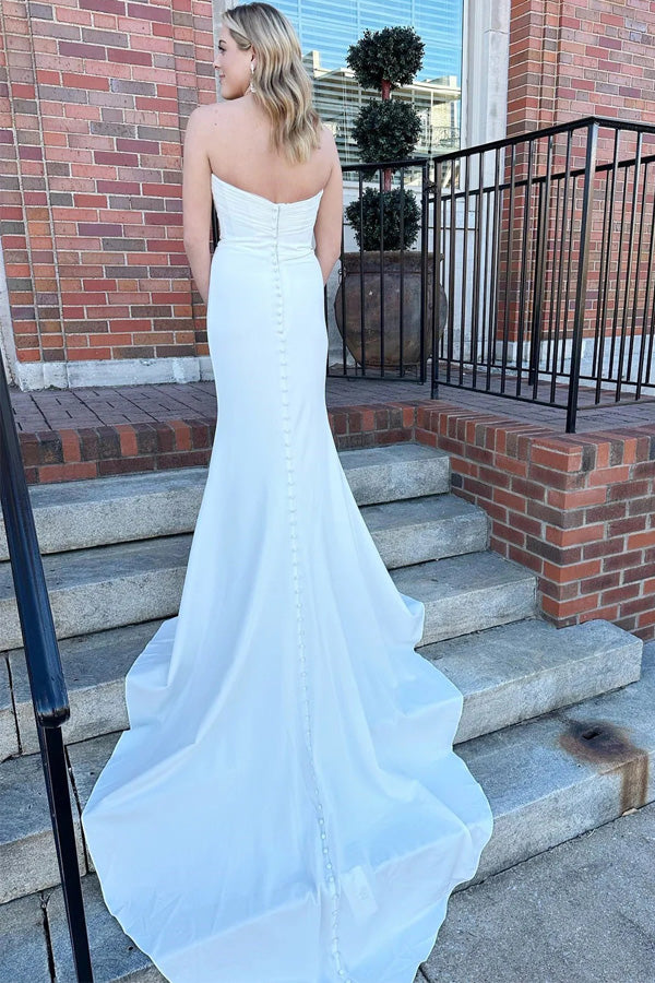 White Strapless Mermaid Long Modest Wedding Dress