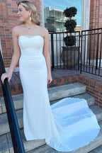 White Strapless Mermaid Long Modest Wedding Dress