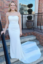 White Strapless Mermaid Long Modest Wedding Dress